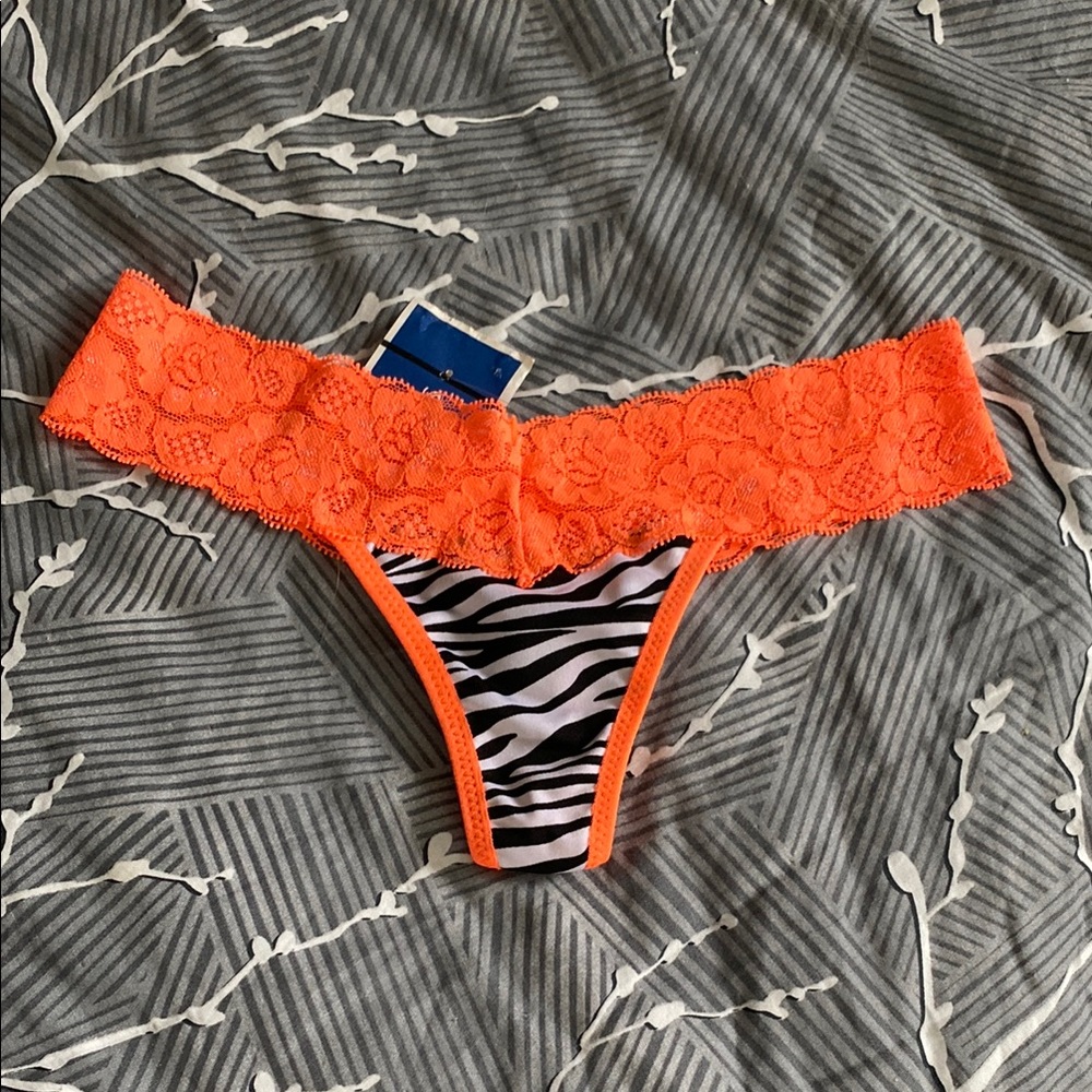 Low Rise Neon Orange Lace Trim Zebra Pattern Thong Panties